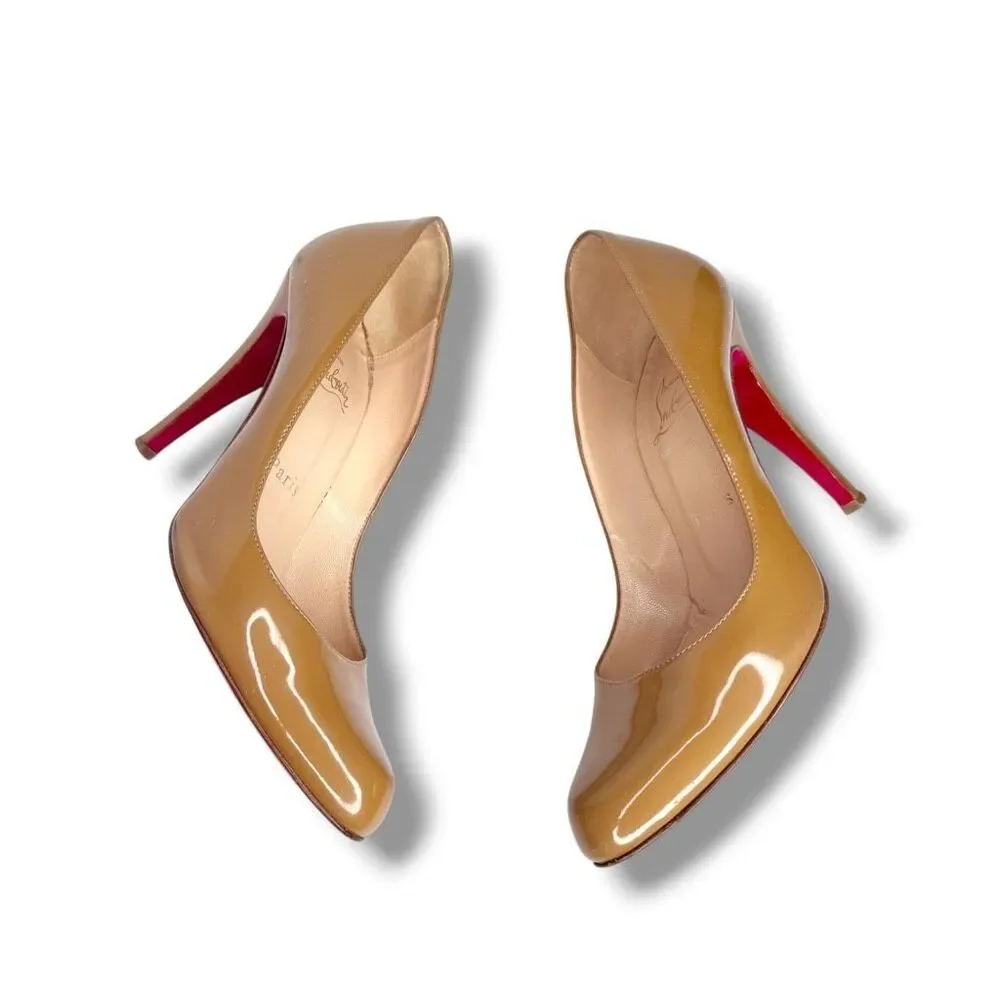Christian Louboutin Beige Nude Patent Leather Heel Classic Round Toe Pumps 37.5